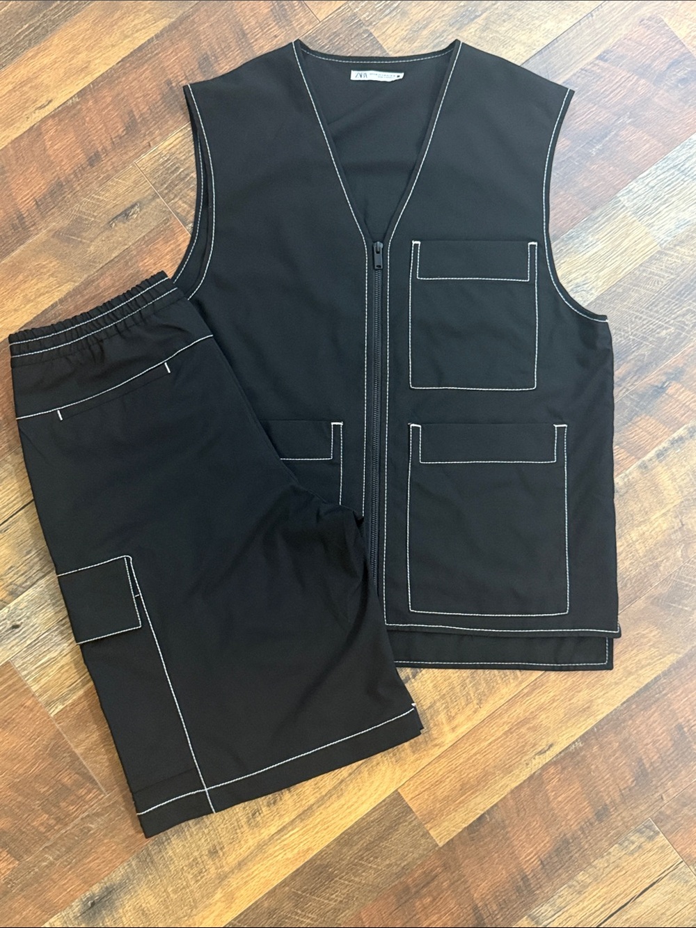Zara Utility Vest & Cargo Shorts Matching Set Black Contrast Stitch Size Medium